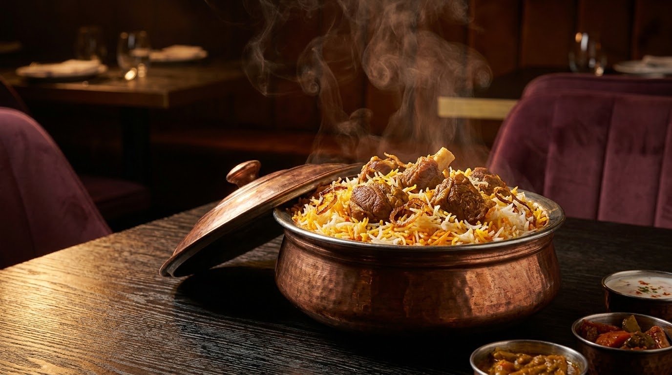 A NIZORO dum biryani — long saffron-streaked grains, caramelised onion and rising steam